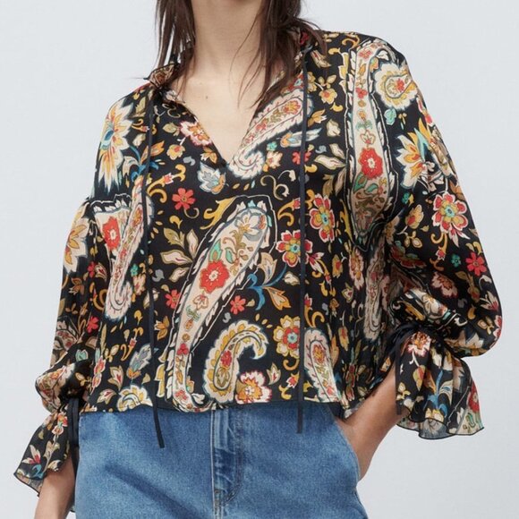 NEW Zara Multicolored Paisley Print High Collar Bow Ruffle Long Sleeves Blouse L - Picture 1 of 10